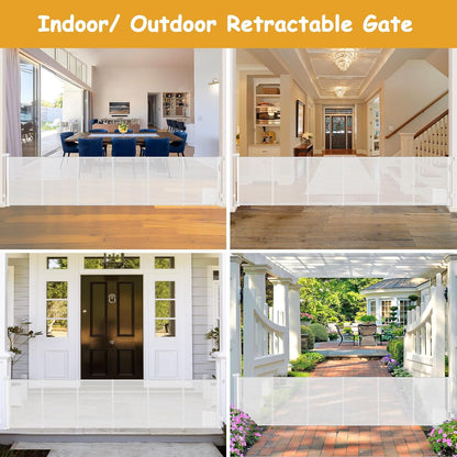 Reinforced 150” Extra Wide Pet Gate with Door 37 Inch Tall Retractable Dog Gates for Doorways Extra Wide Baby Gates for Large Openings with Reinforced Strips 12.5ft Large Dog Gate with Cat Door, White
