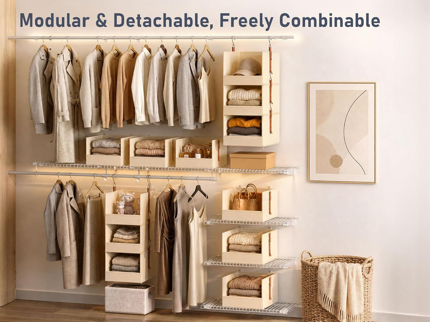 DIMJ Hanging Closet Organizer - 4 Tier Collapsible Hanging Shelves with Hooks Zipper, Fabric Clothes Organizer, Space-Saving Storage Bin Basket for RV, Bedroom, Laundry Organization