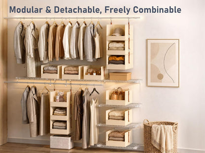 DIMJ Hanging Closet Organizer - 4 Tier Collapsible Hanging Shelves with Hooks Zipper, Fabric Clothes Organizer, Space-Saving Storage Bin Basket for RV, Bedroom, Laundry Organization