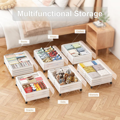 Under Bed Storage Containers With Wheels - 2 Pcs Bamboo Wood Rolling Underbed Shoe Storage Bins With Dust Bags for Clothes Blankets, Duvet Covers Snacks Toys (Natural)