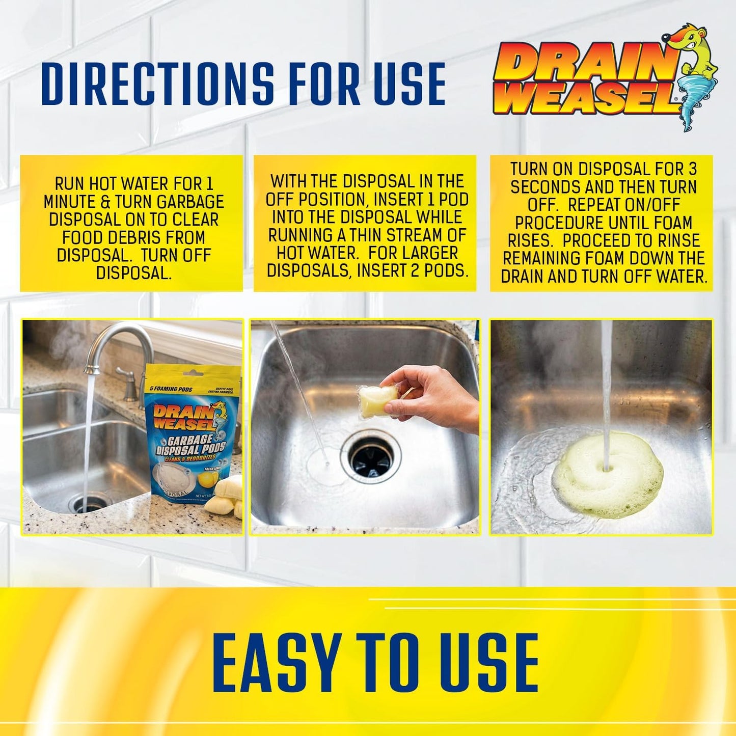 Drain Weasel Garbage Disposal Pods Cleaner and Deodorizer, Sink Odor Eliminator with Foaming Action, Septic-Safe Enzyme Formula, Fresh Lemon Scent, Pack of 5