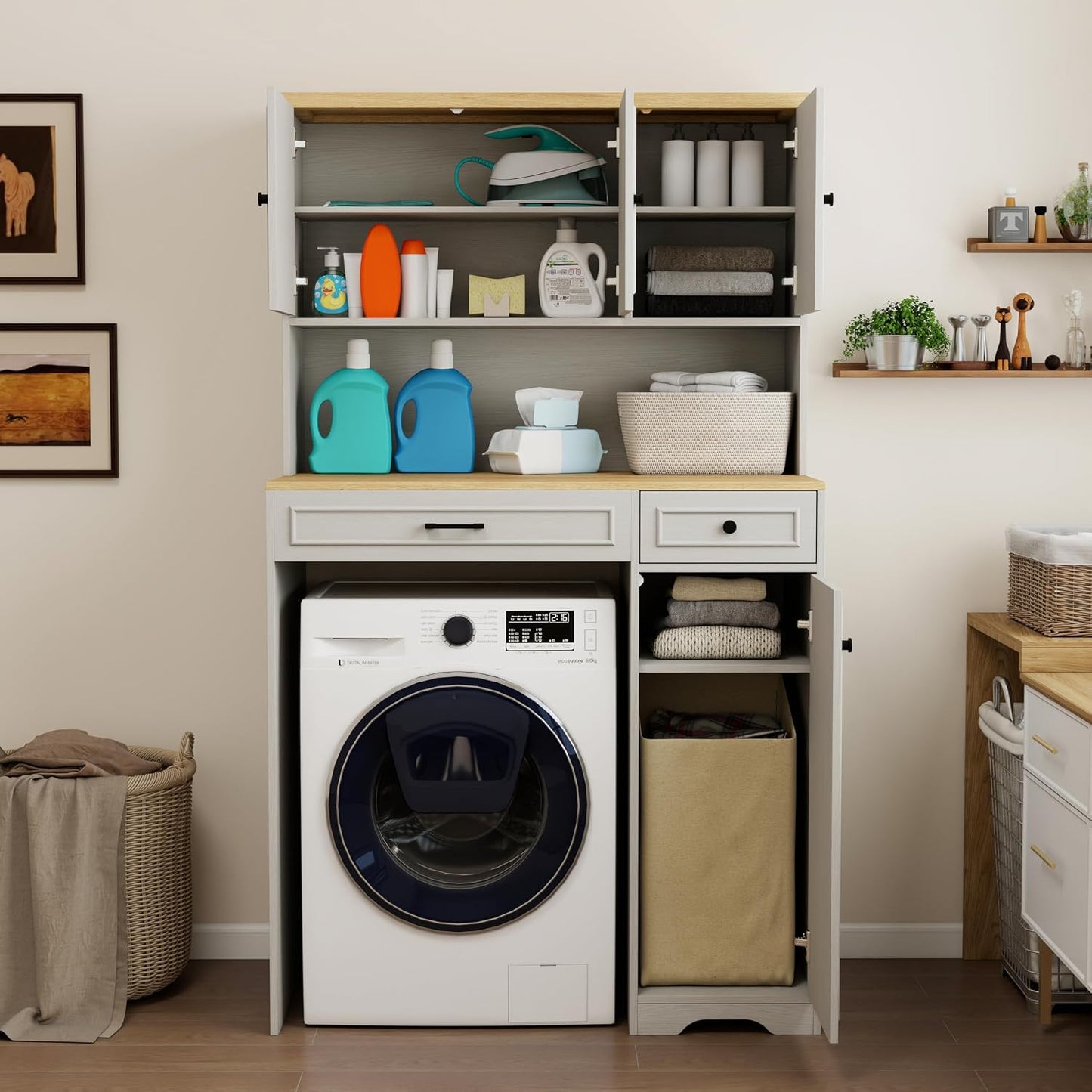 Locsear Unique Pantry Combines Robot Vacuum Cabinet and Laundry Hamper, Over The Washer or Dryer Storage Shelves, Compact Washing Machines with a Width of Less Than 27 inches
