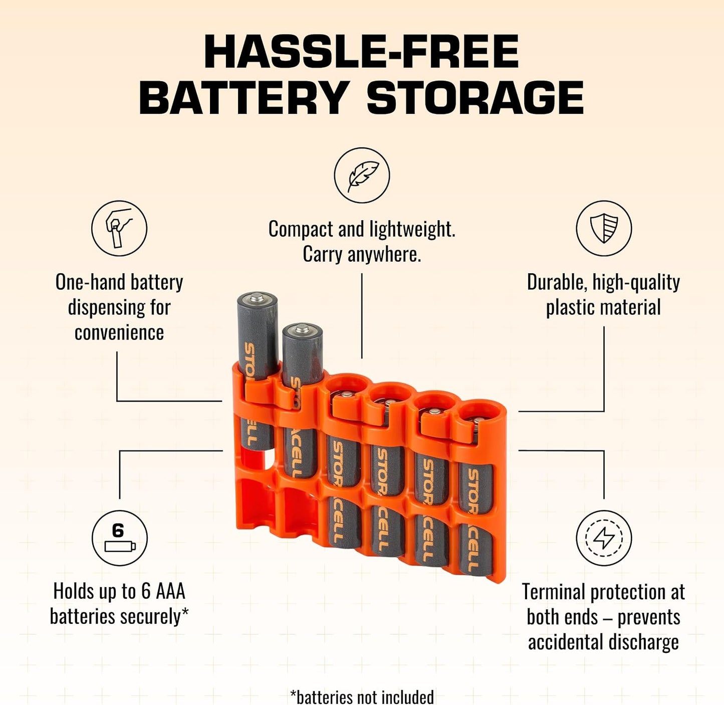 Storacell SLAAAORG by Powerpax SlimLine AAA Battery Caddy, Orange, Holds 6 Batteries, 1 Count (Pack of 1)