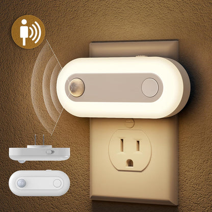 Plug-in LED Night Light with Motion Sensor & Dusk to Dawn Sensor, Dimmable Warm White Nightlight 30-100LM Adjustable Sleep Night Lights Plug Into Wall for Bedroom, Bathroom, Stairs, Hallway, 2 Pack