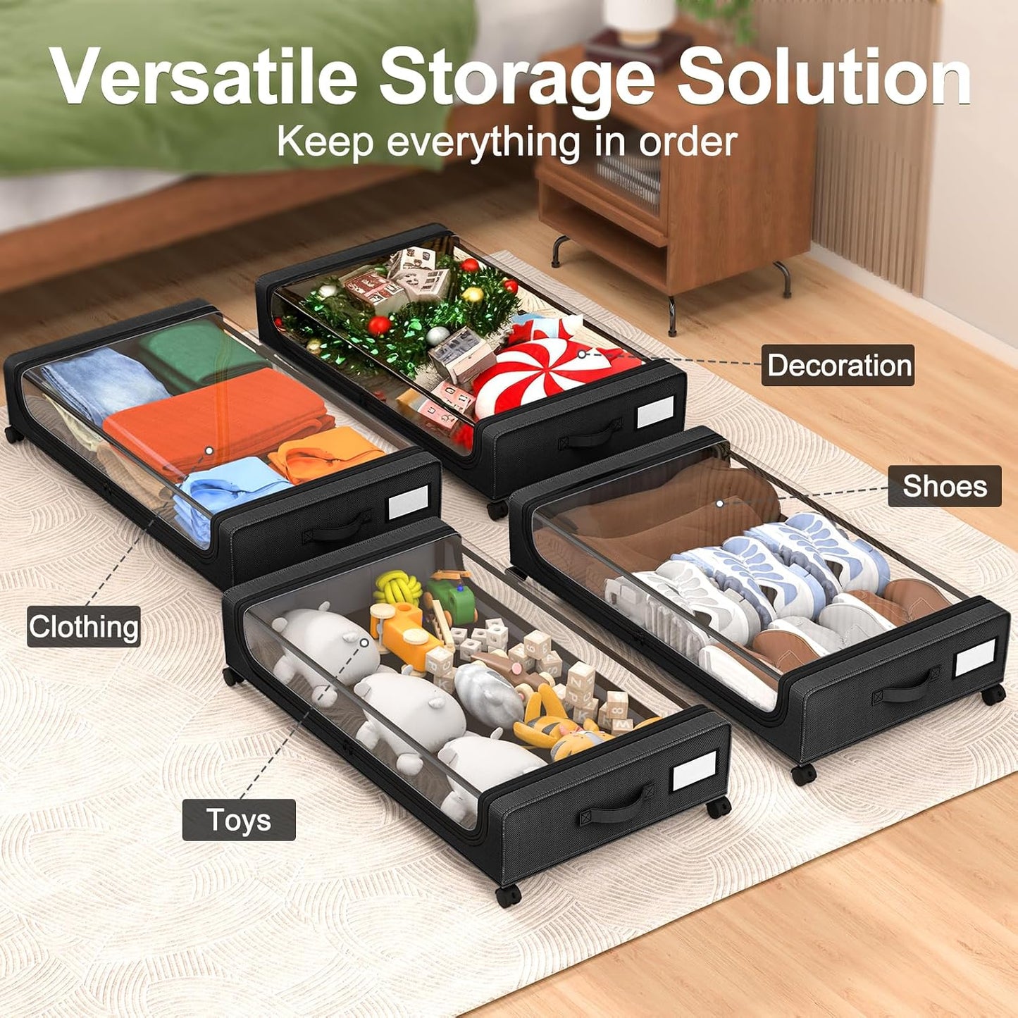 GoMaihe Under Bed Storage with Wheels: 48L Underbed Storage Containers with Lids - Rolling Bins for Shoes Clothes in Dorm Bedroom - Metal Drawers Easy Pull-out Grey 2-Pack