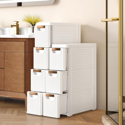VECELO 3-Drawer Narrow Bathroom Storage Cabinet, Mobile Plastic Slim Rolling Organizer Cart with Built-in 4 Wheels for Living Room, Kitchen, Bathroom, Bedroom, Office, White(16.5" x 7.5" x 22.2")