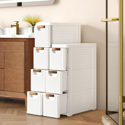 VECELO 3-Drawer Narrow Bathroom Storage Cabinet, Mobile Plastic Slim Rolling Organizer Cart with Built-in 4 Wheels for Living Room, Kitchen, Bathroom, Bedroom, Office, White(16.5" x 7.5" x 22.2")