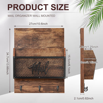Yalikop Farmhouse Mail Organizer Wall Mounted Rustic Mail Holder Hanging Key Sorter with 3 Hooks Indoor Wooden Wall Mounted, Letter, Magazines, Newspapers, Keys(Classics,Brown)