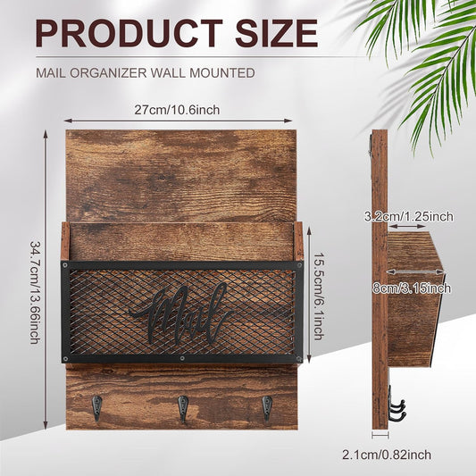 Yalikop Farmhouse Mail Organizer Wall Mounted Rustic Mail Holder Hanging Key Sorter with 3 Hooks Indoor Wooden Wall Mounted, Letter, Magazines, Newspapers, Keys(Classics,Brown)