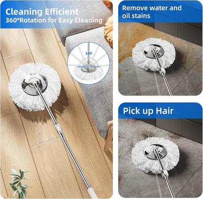 Spin Mop and Bucket with Wringer Set for Home,360° Mop and Bucket with Separate Clean and Dirty Water,Wet Dust Mop for Floor Cleaning with Extra Refills (Silver with 6 Pads)