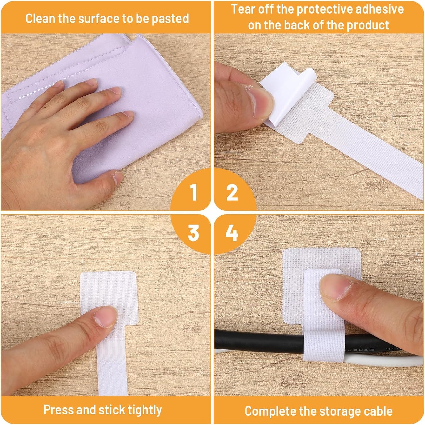 50 Pcs Cable Management Under Desk Wire Clips Under Table Hook and Loop Cable Straps White Adjustable Self-Adhesive Cables Ties Reusable Cord Organizer Holder for Home, Office