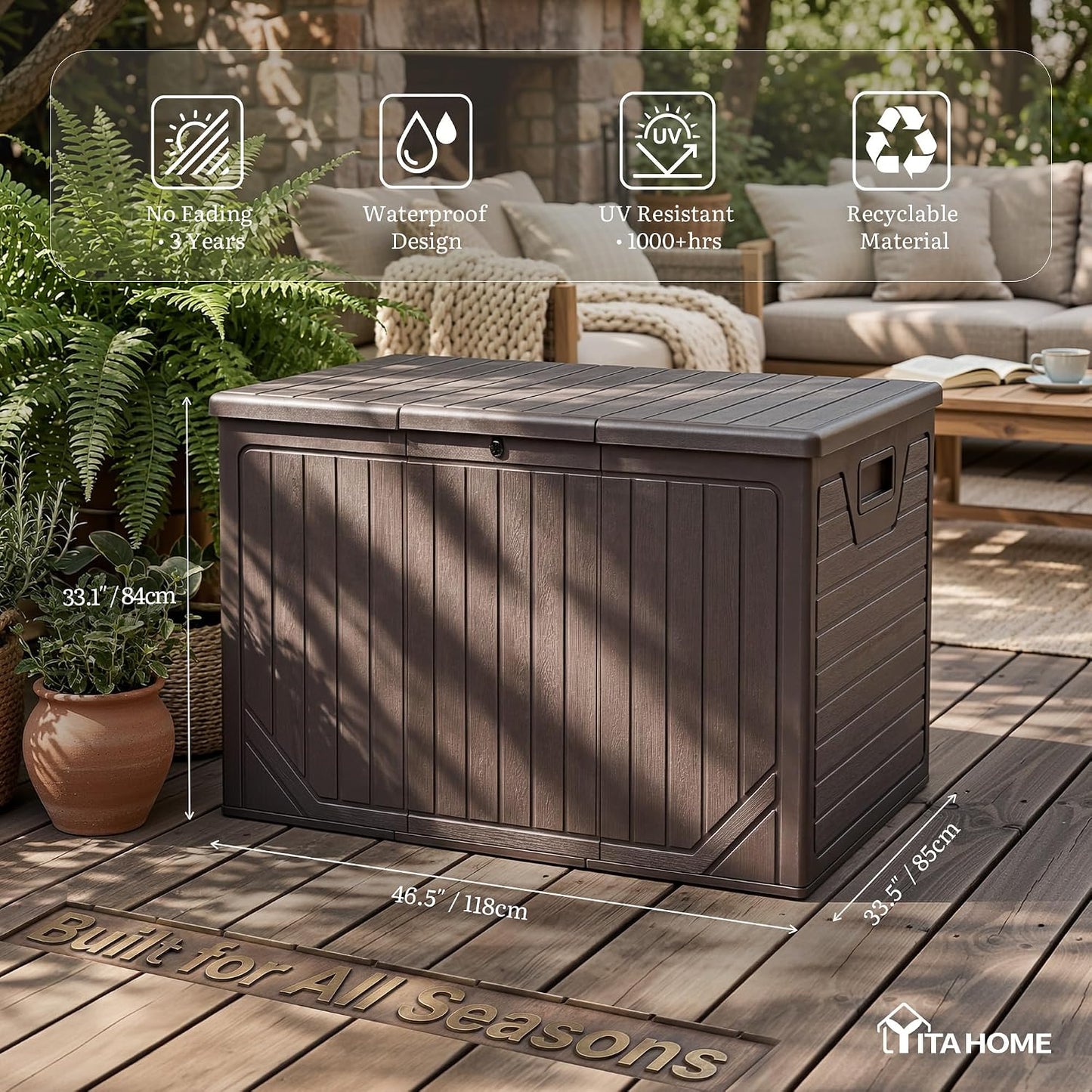 YITAHOME 100 Gallon Large Outdoor Deck Box | Waterproof Resin Storage Box, Lockable Indoor Outdoor Storage Container for Patio Furniture Cushions, Pool Accessories