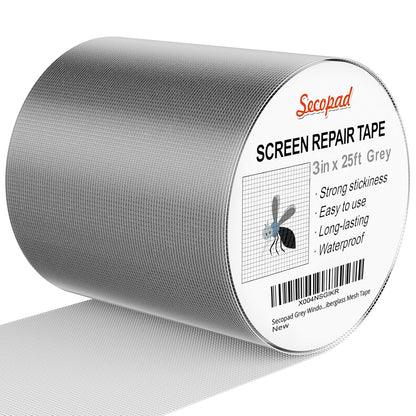 Secopad Black Window Screen Repair Tape, 4 in X 20 FT (240IN) Kit for Windows or Doors, Strong Adhesive Patch Fiberglass Mesh Repair