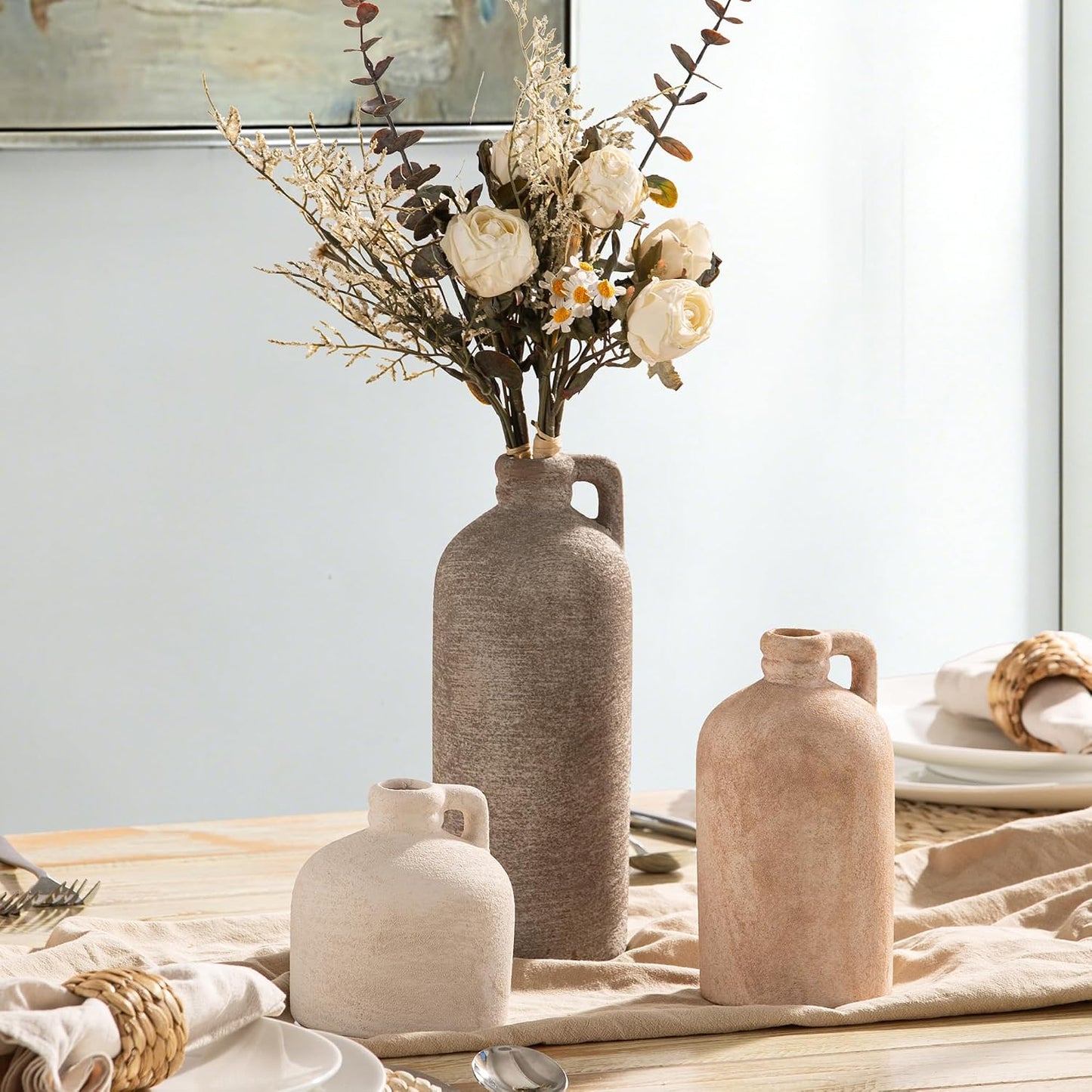 Ceramic Vase Home Table Decor - Flower Vase Set of 3 Living Room Kitchen Decorations Farmhouse Modern Rustic Vases Decorative Centerpiece for Shelf Bedroom Office Bathroom Dining Coffee Desk