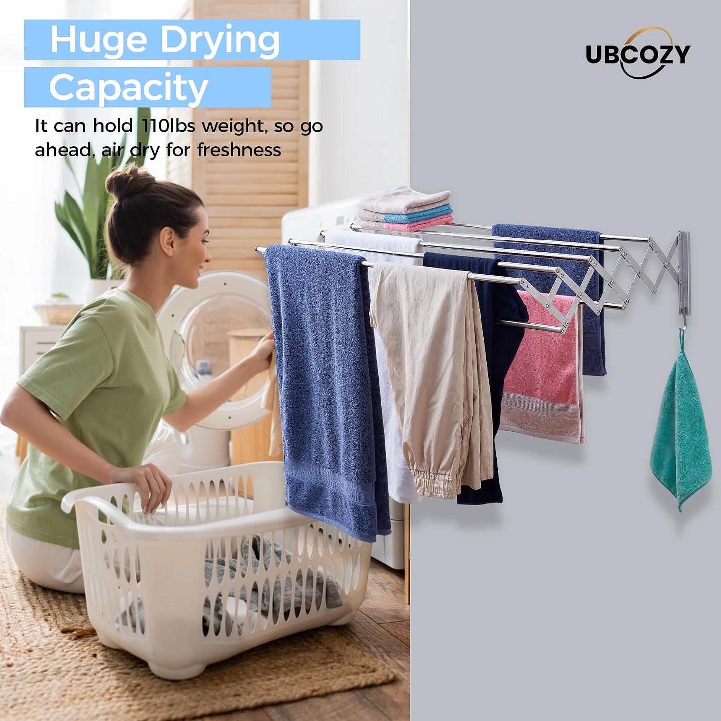 | Clothes Drying Rack Wall Mounted with Hooks - Foldable & Removable Laundry Drying Rack, Extendable 21"-39.4", 110lbs Heavy Duty Drying Rack with 7 Stainless Steel Rods for in & Out Door