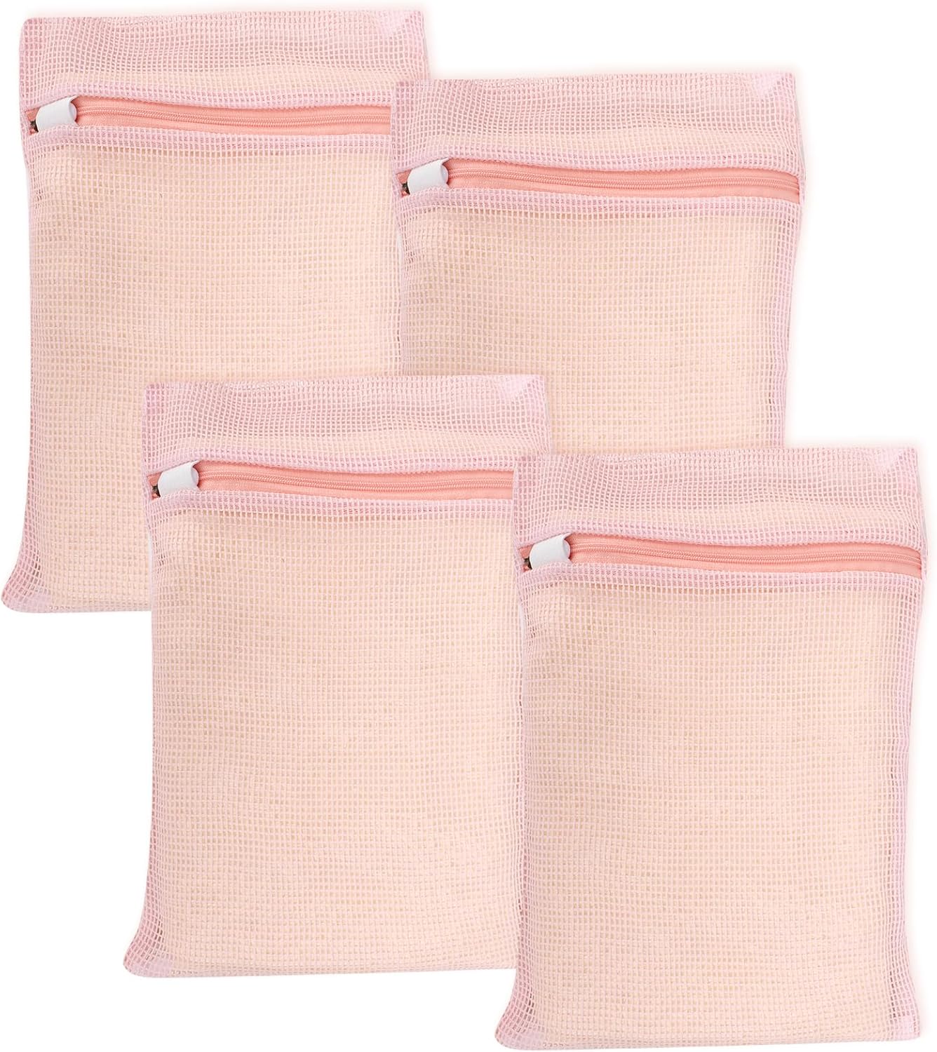 4-Piece Pink Medium Durable Organic Cotton Mesh Laundry Bags with Sturdy Zippers and Breathable Mesh are Delicate Laundry Bags for Underwear, Clothes, Pants and Socks