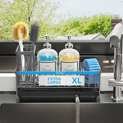 Moforoco Extra Large Sponge Holder for Kitchen Sink Organizer Caddy, Dish Brush Scrubber Holder,Stainless Steel Sink Box Utensil Holder,Soap Dispenser Set Tray Counter Accessories & Storage Rack