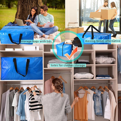 Heavy Duty Extra Large Blue Moving Bags with Strong Zipper Backpack Handles | 4 Pack Clothes Storage Bags Totes Space Saving Moving Boxes Bins Packing Bags for College Dorm Compatible with Ikea Frakta
