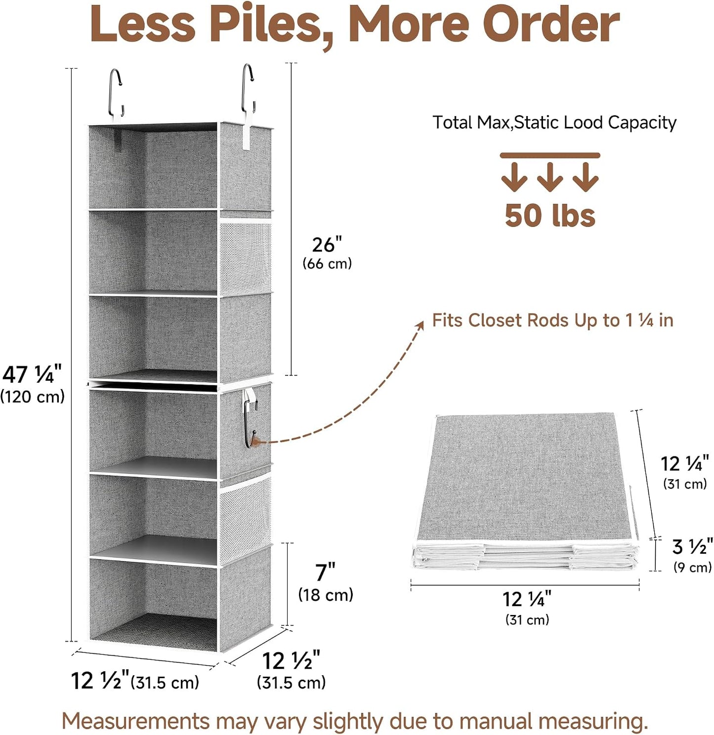 StorageWorks 6-Shelf Closet Organizers, Two 3-Shelf Separable Hanging Shelves for Closet, 12 1⁄2" D x 12 1⁄2" W x 47 ¼" H, Mixing of Beige, White & Ivory