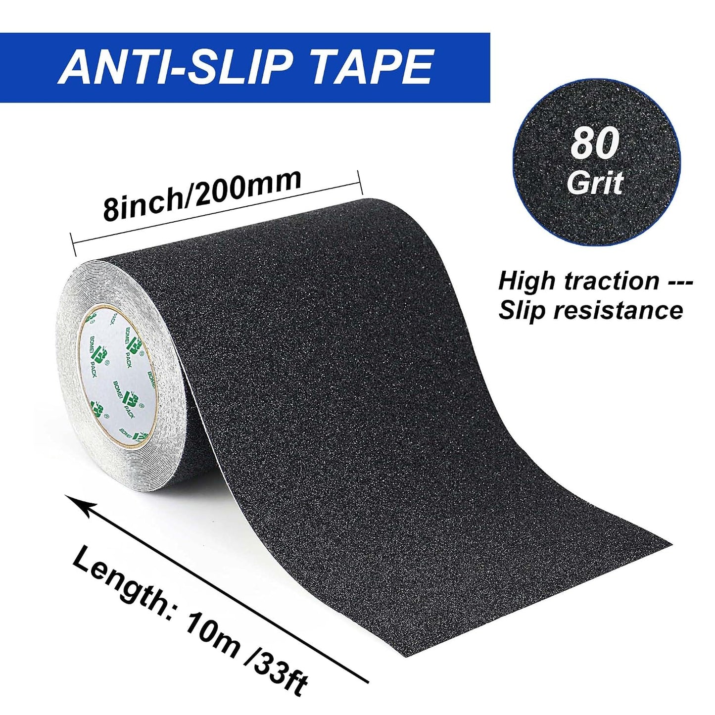 BOMEI PACK Black Anti Slip Tape, 4 Inch x 33 Foot Non-Slip Traction Grip Tape for Stairs, Waterproof Stair Treads Grip Non Slip, Non Skid Tape for Steps, Outdoor Black Grip Tape