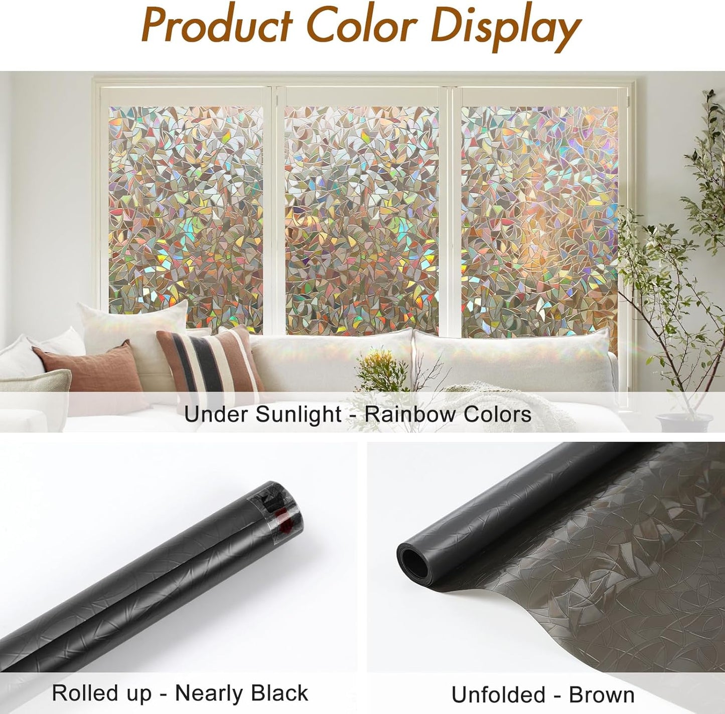 Haton Window Privacy Film, Stained Glass Rainbow Film Decorative Window Clings, Static Cling Sun Blocking Stickers Decals Coverings Tint for Home Heat Control, Non-Adhesive 17.5" x 78.7"