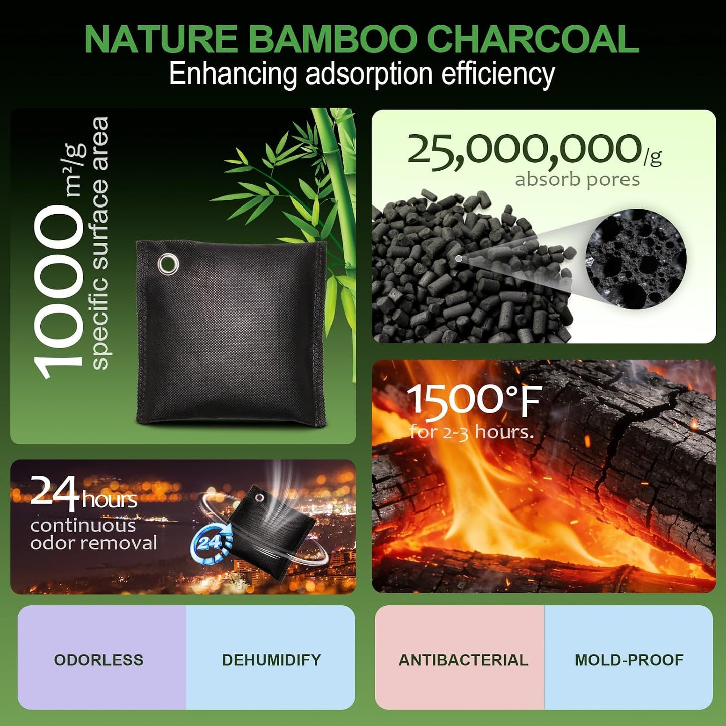 Activated charcoal deodorizer (11 x 100g), bamboo charcoal air purification bags, suitable for dehumidifying, home, refrigerator, shoes, pets, wardrobe, car air freshener deodorant bags.