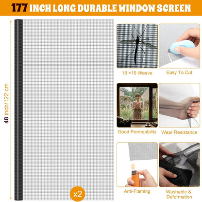 18 Pcs 48"x118" Window Screen Repair Kit Included 2 Rolls Fiberglass Mesh 4"x30ft Screen Repair Tape 8 Clips with Spline, Double Wheel Roller, Hook, Measuring Tape, and Cutter for Door Window