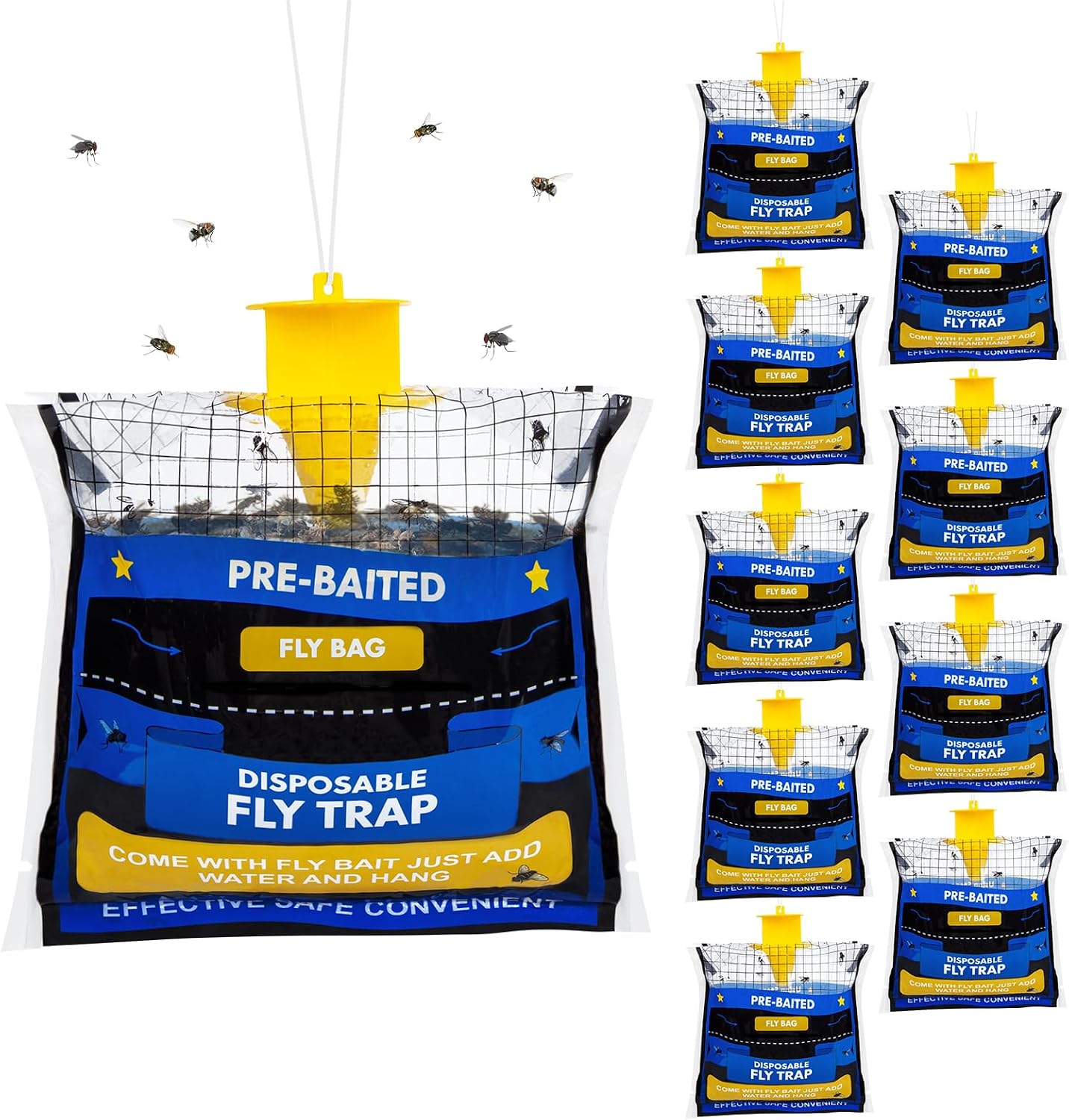 6 Pack Fly Traps Outdoor Hanging for Patio, Outdoor Disposable Hanging Fly Trap with 30g Bait, Bug Fly Hunter Catcher Killer Control for Barn Horse Ranch Chicken Coop