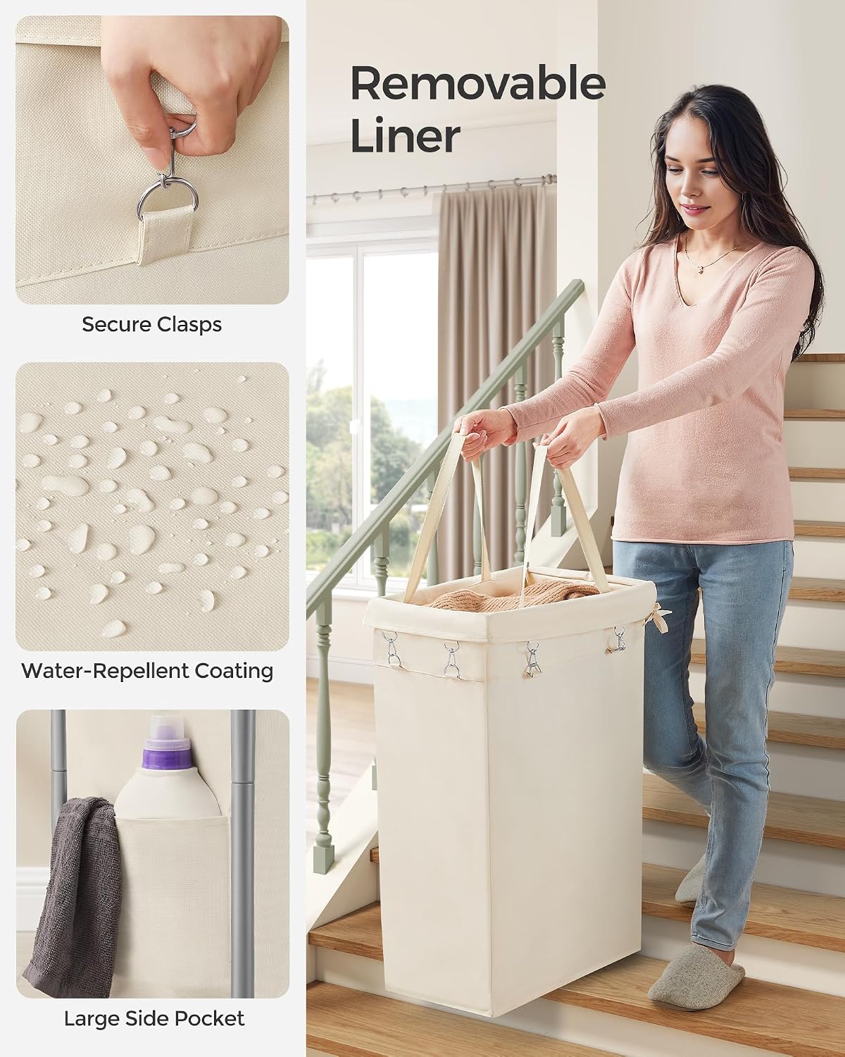SONGMICS Laundry Basket with Wheels, 3-Section Rolling Laundry Hamper, 52.8 Gallons (200 L), Removable Liner, Steel Frame with Handle, 35.8 x 15.4 x 31.9 Inches, Cream White URLS005W01