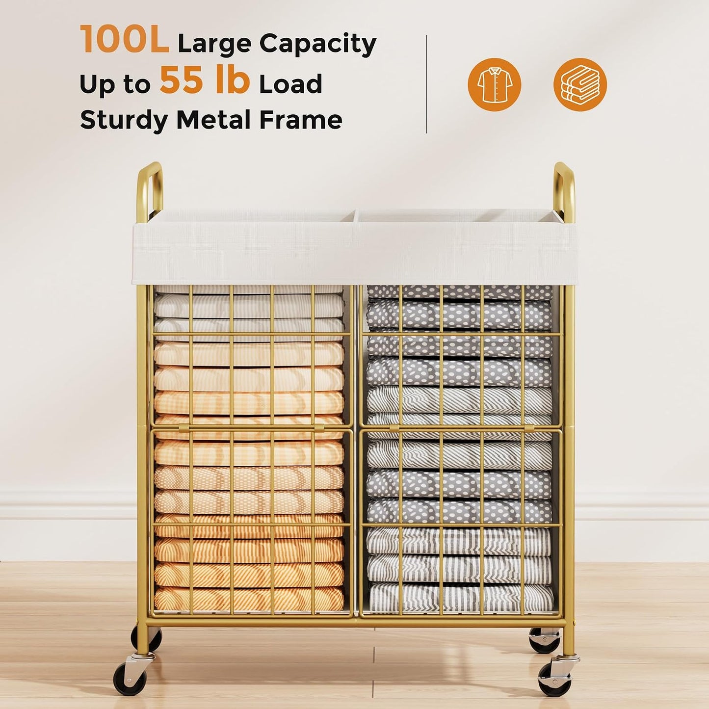 2 Section Laundry Hamper with Wheels and Brake, 100L Laundry Sorter Cart with 2 Removable Liner Bags, Metal Handle, Rolling Laundry Basket for Bedroom Laundry Room
