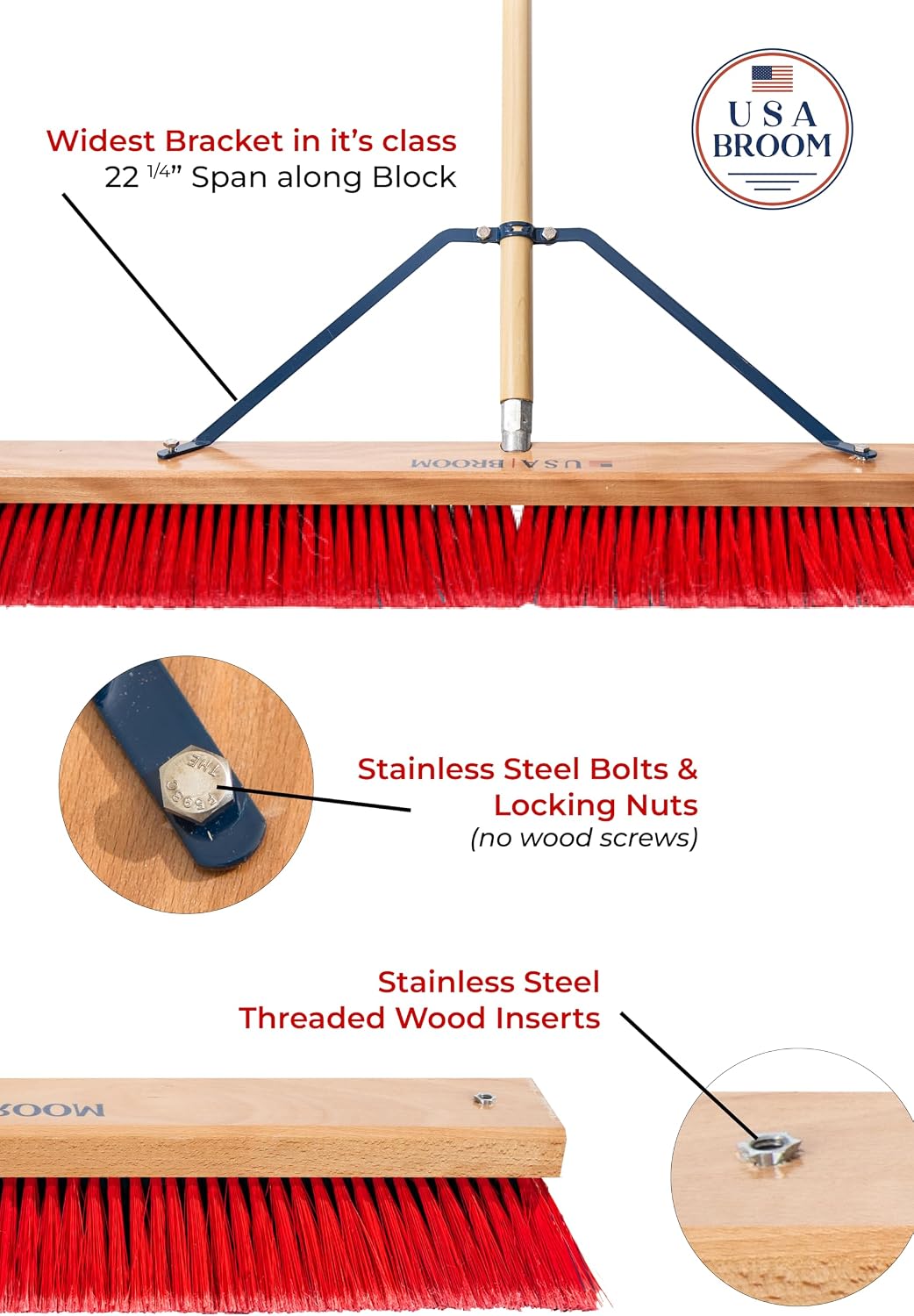 36" Heavy Duty Outdoor Push Broom with 60" Handle. Ideal for Asphalt, Concrete & Heavy Debris. Durable American Made Steel Brackets-Stainless Steel Hardware. No Plastic. 100% USA Made