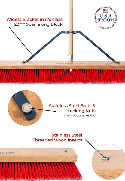 36" Heavy Duty Outdoor Push Broom with 60" Handle. Ideal for Asphalt, Concrete & Heavy Debris. Durable American Made Steel Brackets-Stainless Steel Hardware. No Plastic. 100% USA Made