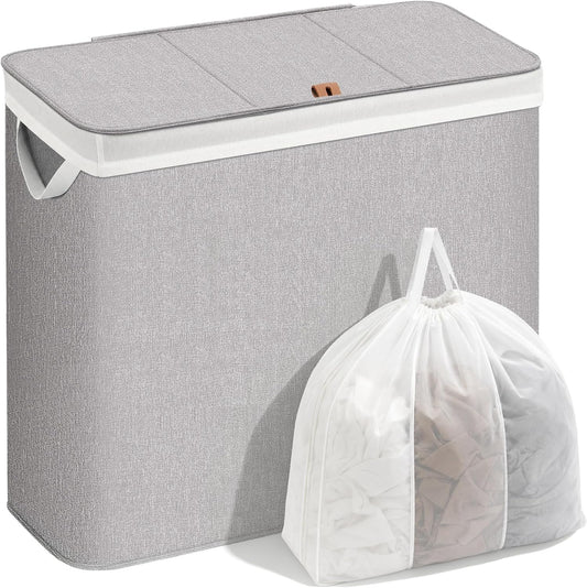 STORAGE MANIAC Triple Laundry Hamper with Lid, Metal Frame Laundry Baskets | 47.5 Gal. Large Clothes Hamper with PU Tag & Removeable Bag, Tall Laundry Bin for Dorm, Collage, Bathroom, Bedroom, Gray