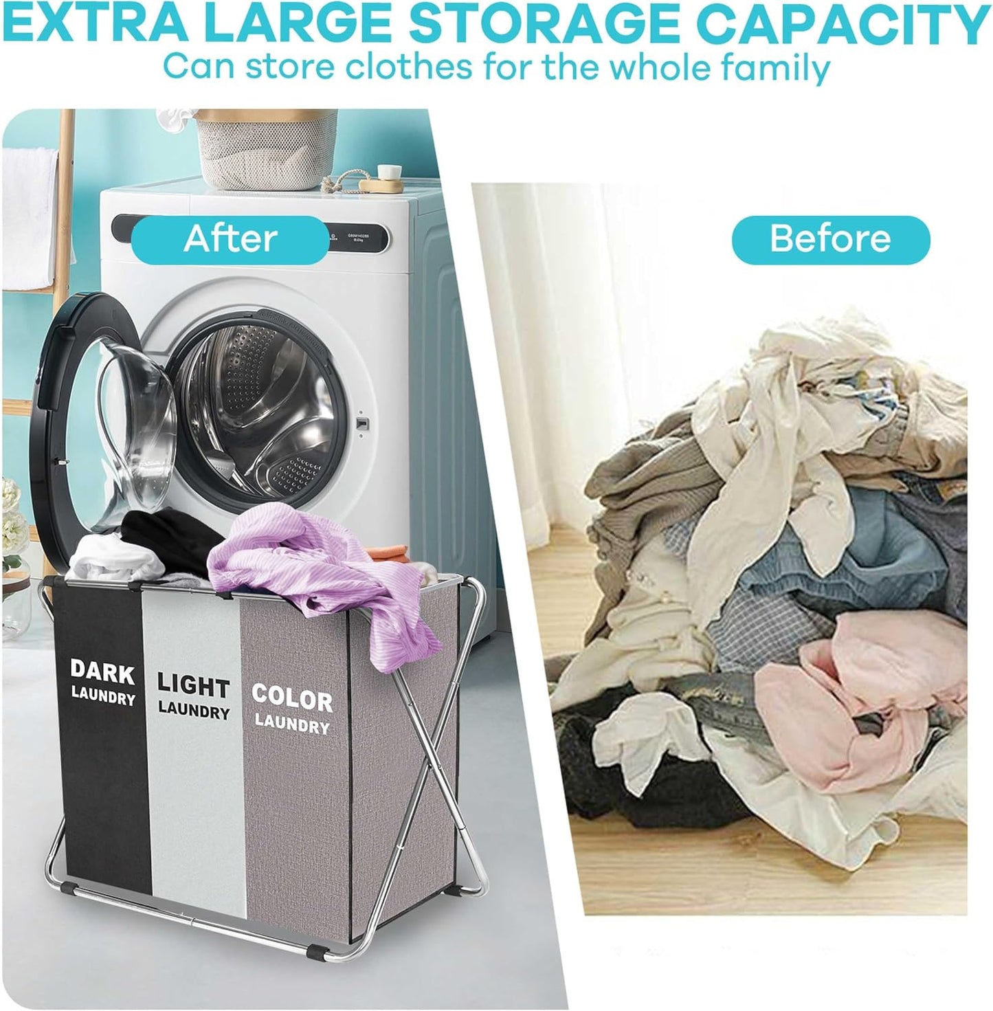 135L Laundry Cloth Hamper Sorter Basket Bin Foldable 3 Sections with Aluminum Frame 26''×24''H Washing Storage Dirty Clothes Bag for Bathroom Bedroom Home Storage Basket (Black+light grey+dark grey, 3