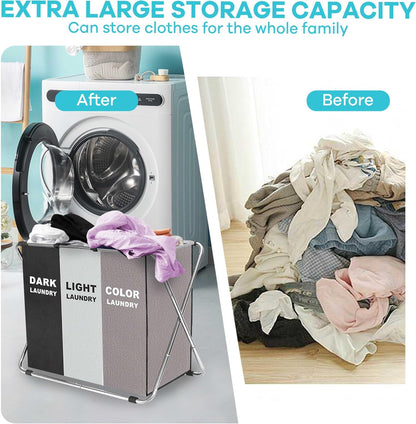 135L Laundry Cloth Hamper Sorter Basket Bin Foldable 3 Sections with Aluminum Frame 26''×24''H Washing Storage Dirty Clothes Bag for Bathroom Bedroom Home Storage Basket (Black+light grey+dark grey, 3