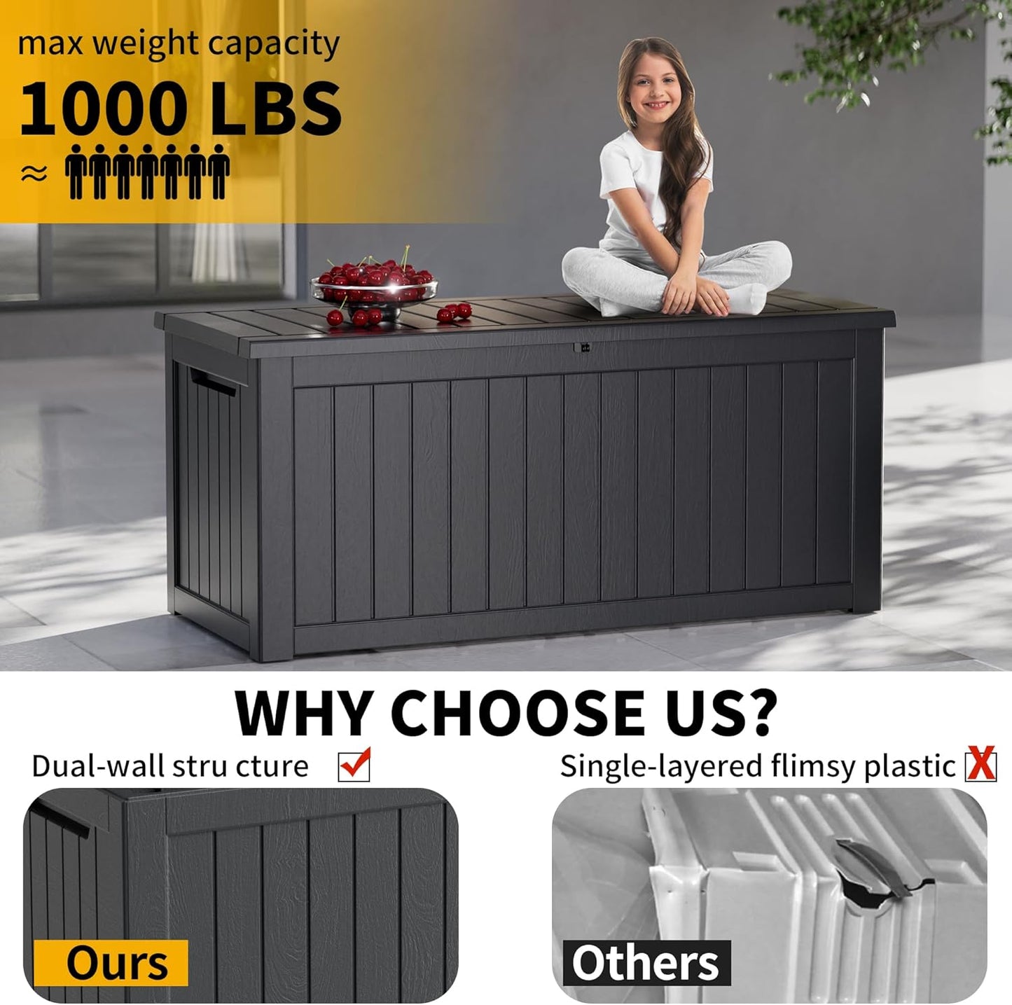 320 Gallon Outdoor Storage Box, Extra Large Waterproof Resin Deck Box with Lockable Lid Storage Bin for Patio Furniture Cushion, Garden Tools, Pool Accessories, UV-Resistant Outside, Black