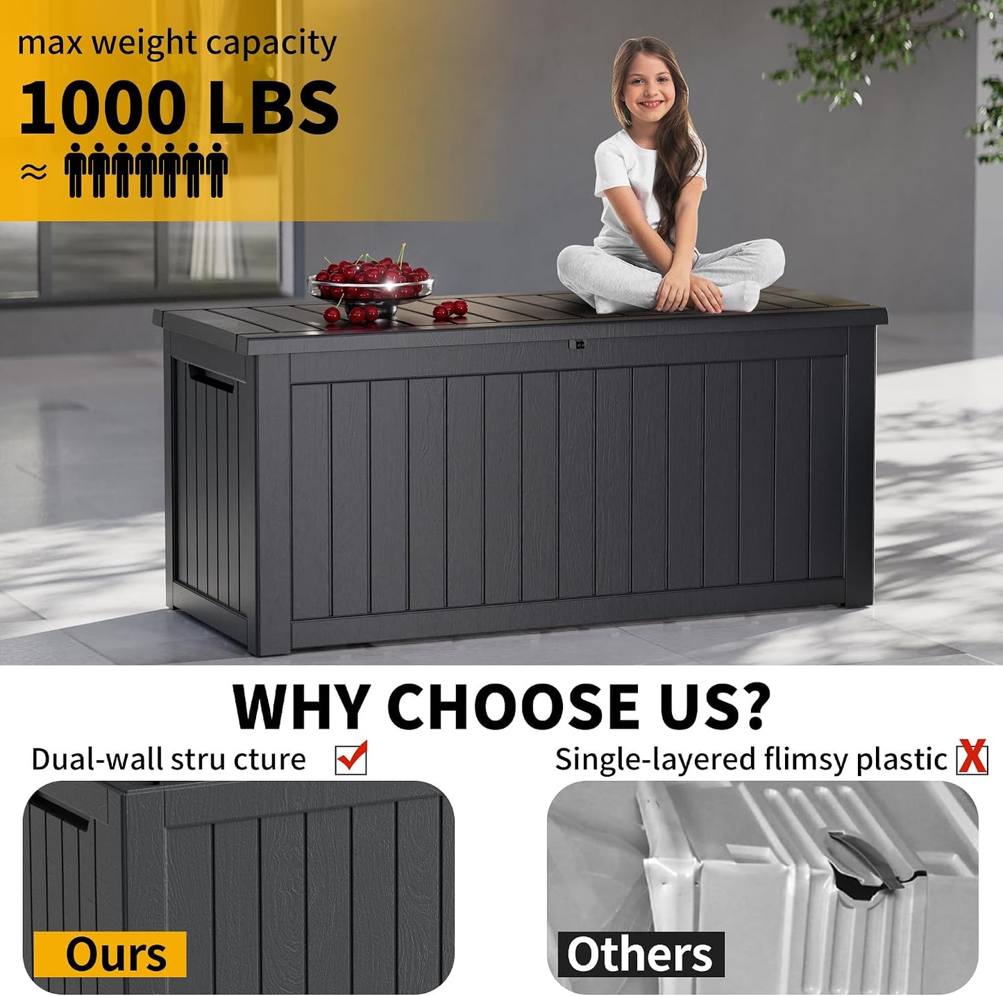 200 Gallon Resin Deck Box, Waterproof Outdoor Storage Bin for Patio Furniture, Pool Accessories, and Garden Tools, Lockable & UV-Resistant, Grey