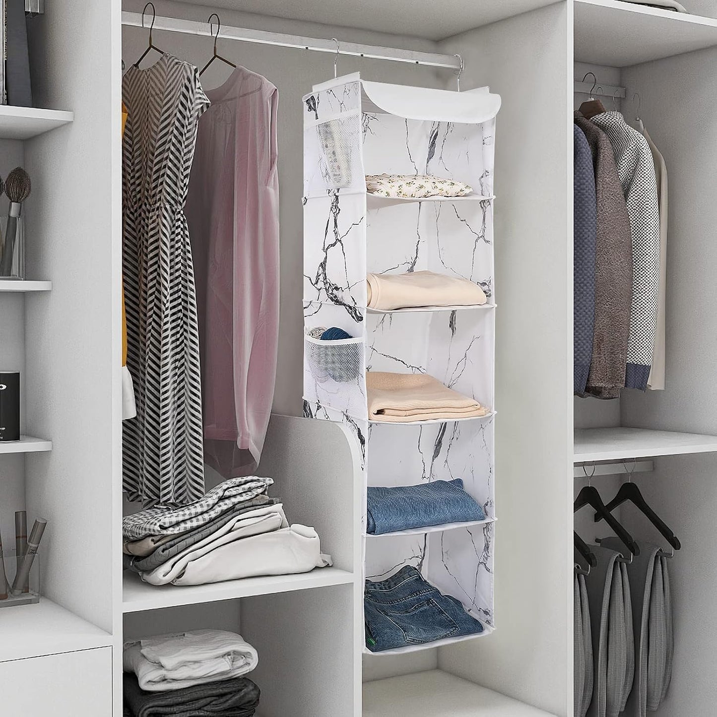 BrilliantJo 2 Pack Hanging Closet Organizer, 5 Shelves Hanging Storage with 6 Side Pockets for Clothes Shoes, 43"x12"x12"(Black)
