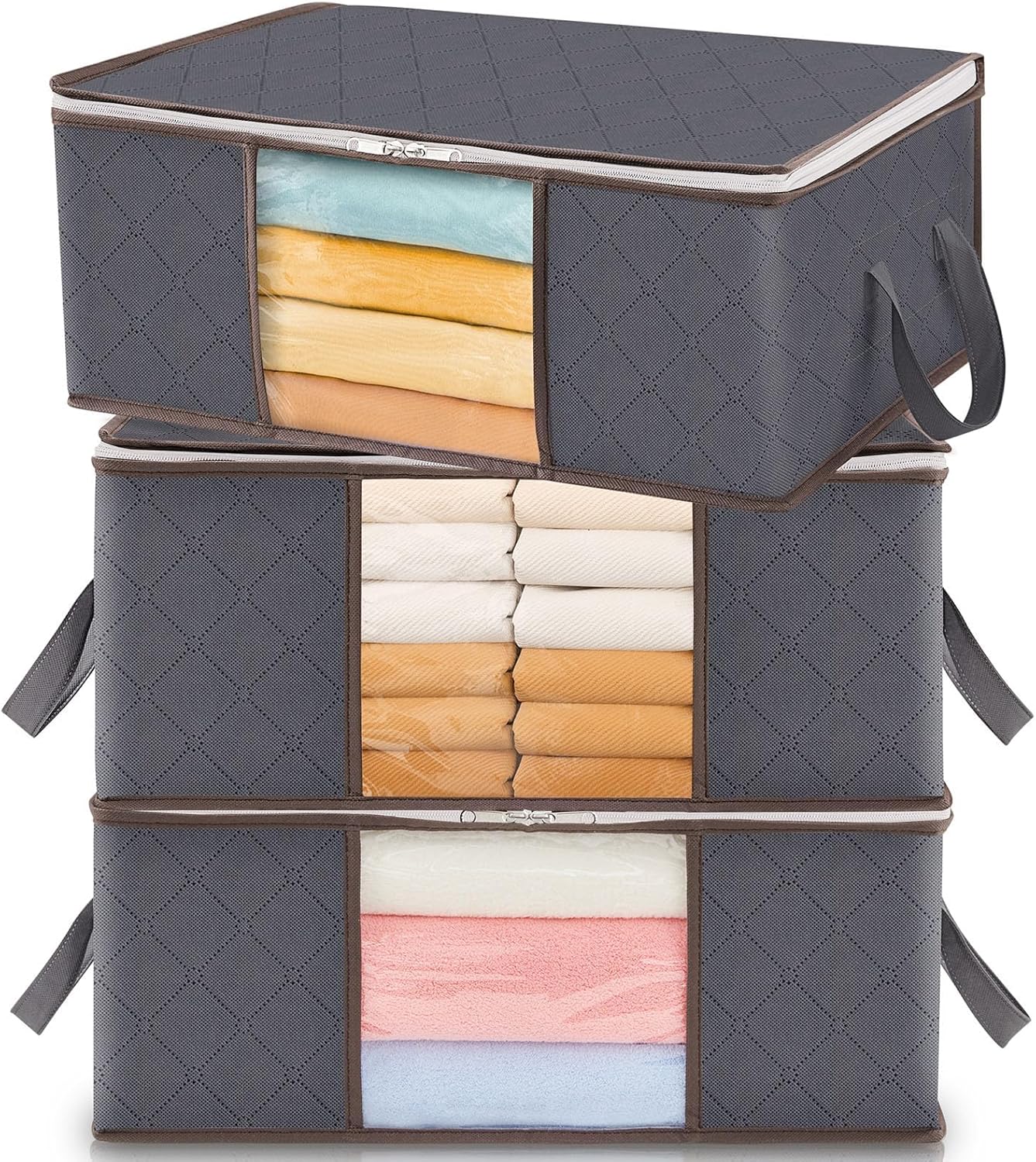 Lifewit 3 Pack 90L Clothes Storage Bins with Lids, Foldable Blanket Storage Bags with Zippers, Clear Window and Reinforced Handles, Closet and Organization for Clothing, Sweater, Comforter, Bedding