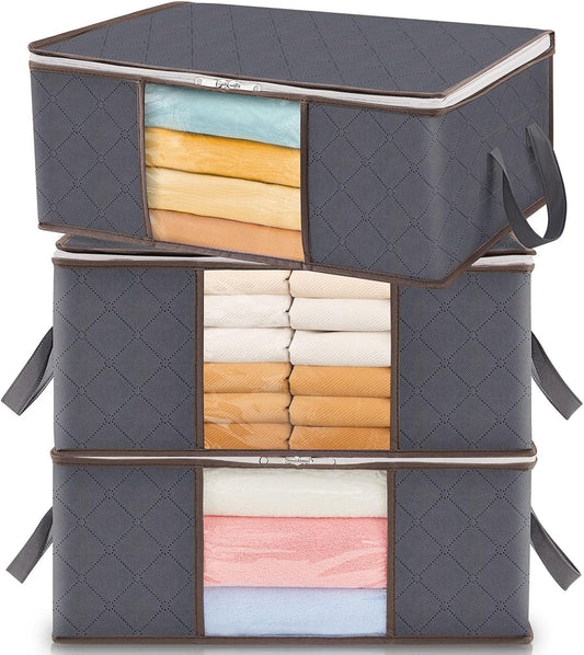 Lifewit 3 Pack 90L Clothes Storage Bins with Lids, Foldable Blanket Storage Bags with Zippers, Clear Window and Reinforced Handles, Closet and Organization for Clothing, Sweater, Comforter, Bedding