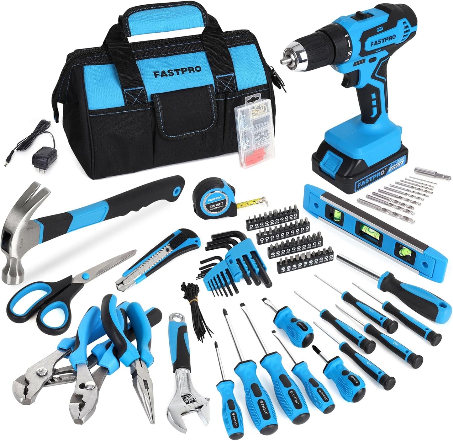 FASTPRO 232-Piece Home Tool Set with Drill, 20V Cordless Drill Driver, Household Repairing Tool Kit with Drill, 12-Inch Wide Mouth Storage Tool Bag Included, Red