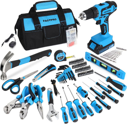 FASTPRO 232-Piece Home Tool Set with Drill, 20V Cordless Drill Driver, Household Repairing Tool Kit with Drill, 12-Inch Wide Mouth Storage Tool Bag Included, Red