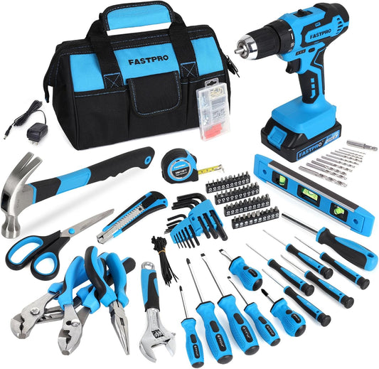 FASTPRO 232-Piece Home Tool Set with Drill, 20V Cordless Drill Driver, Household Repairing Tool Kit with Drill, 12-Inch Wide Mouth Storage Tool Bag Included, Red