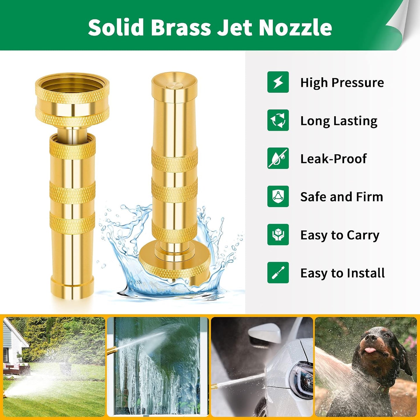 AUTOMAN Brass Hose Nozzle - High Pressure Jet Nozzle 4 Count (2 Set), Heavy Duty Water Hose Sprayer Sweeper with Hose Shutoff Valve, 3/4” GHT Nozzles for Garden Hose, Car Wash, Extra 10 Rubber Washers