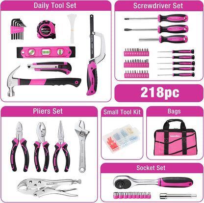ValueMax Pink Tool Kit, 218-Pieces Home Repairing Tool Set, Household Tool Kit with Wide Mouth Open Storage Bag, Household Hand Tool Set for DIY, Gifts and Basic Home Maintenance