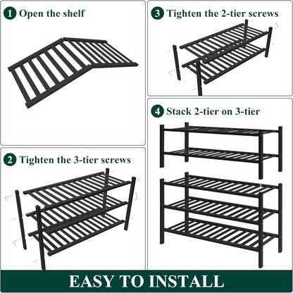 Smiry Bamboo Shoe Rack for Closet, 3 Tier Wooden Shoe Organizer, Stackable Wood Shoe Storage Shelf for Entryway, 14 Vertical Slats, One-piece Heavy-Duty Legs, 26.77"x11.02"x18.31", Natural