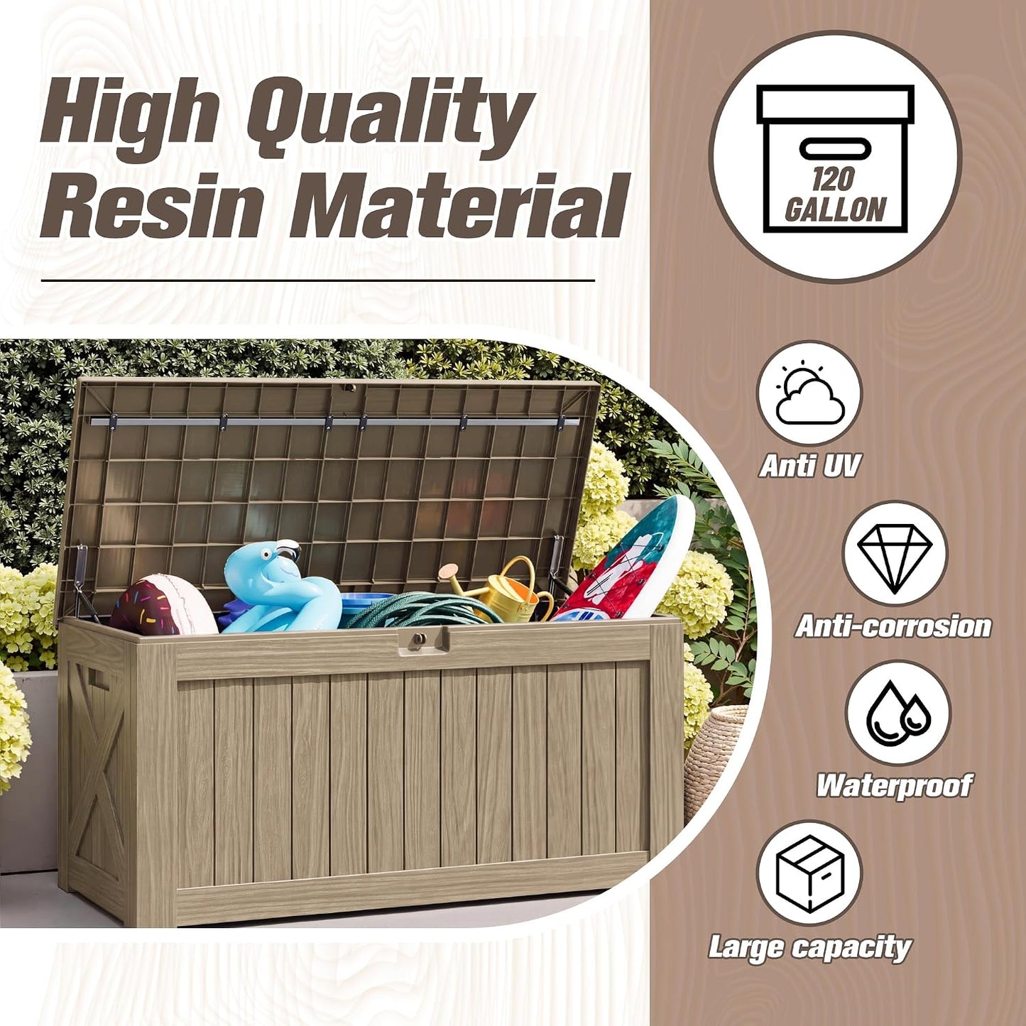 JUMMICO 31 Gallon Resin Deck Box Waterproof Indoor Outdoor Storage Boxes for Patio Furniture Cushions and Garden Tools (Brown)