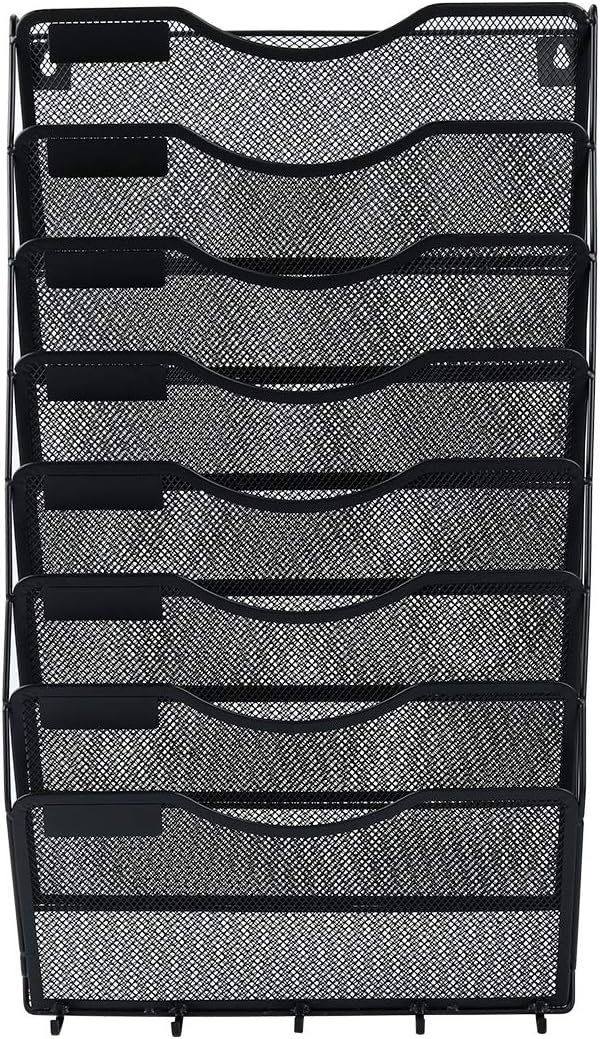 EasyPAG 5 Pocket Mesh Wall File Organizer with Key Hooks, Hanging Paper Folder Holder with Classify Label, Vertical Wall Mount Mail Organizer for Office Home Classroom, Black