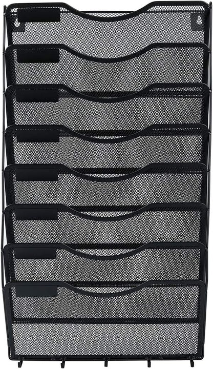 EasyPAG 5 Pocket Mesh Wall File Organizer with Key Hooks, Hanging Paper Folder Holder with Classify Label, Vertical Wall Mount Mail Organizer for Office Home Classroom, Black