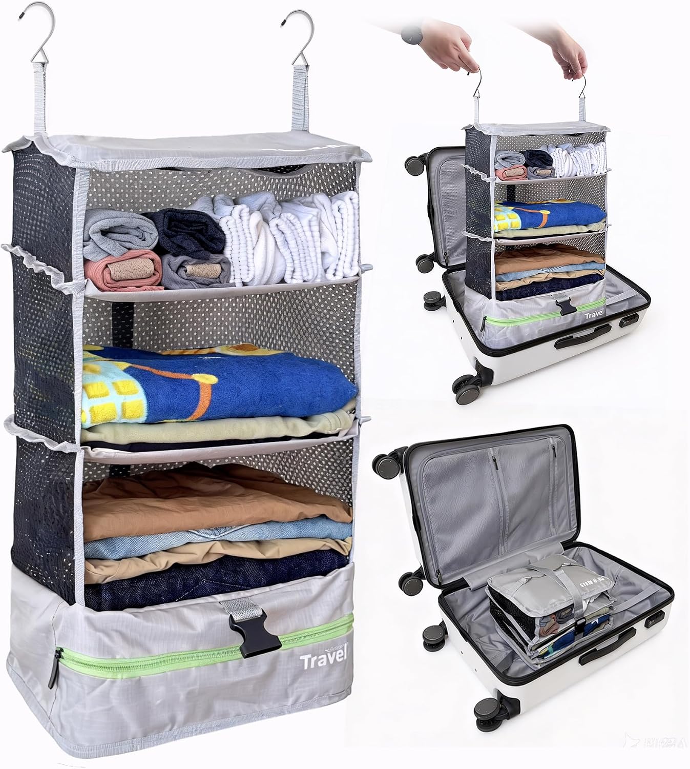 Grand Fusion Stow-N-Go Hanging Travel Shelves, Packing Organizer for Luggage. Carry on Closet for Suitcase. Expandable Packing Cube. Travel Essentials. (Black - L, L = (L) 11.8" x (W) 11.8")